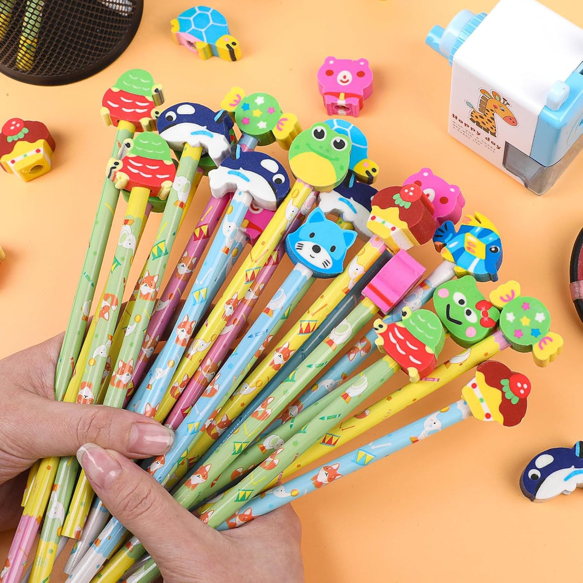 DIYASY 50 Pcs Cute Pencils with Eraser Toppers, Cartoon Animal Wood Pencil Bulk Party Favor Supplies Classroom Rewards Prizes Stationery for Kids