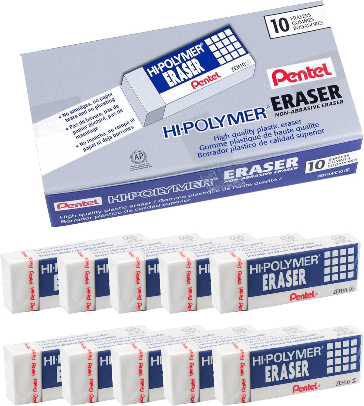 Pentel Hi-Polymer Block Eraser, Large, White, Pack of 10 Erasers