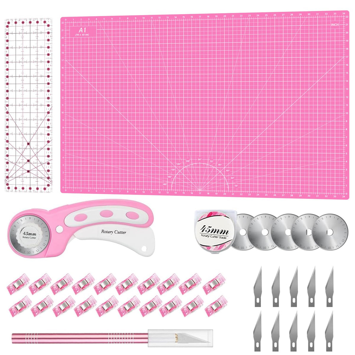 Headley Tools Rotary Cutter Set - 45mm Fabric Cutter, 5 Extra Rotary Blades, A3 Cutting Mat, Quilting Ruler and Sewing Clips, Craft Knife Set, Ideal for Crafting, Sewing, Patchworking, Purple
