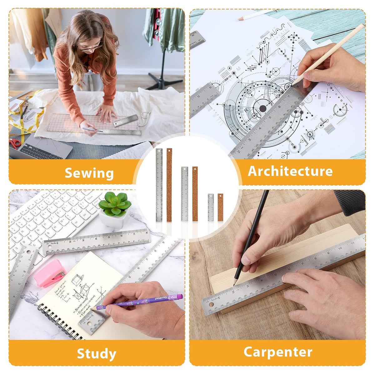 5Pcs Cork Backed Ruler Stainless Steel Metal Ruler Straight Edge Rulers