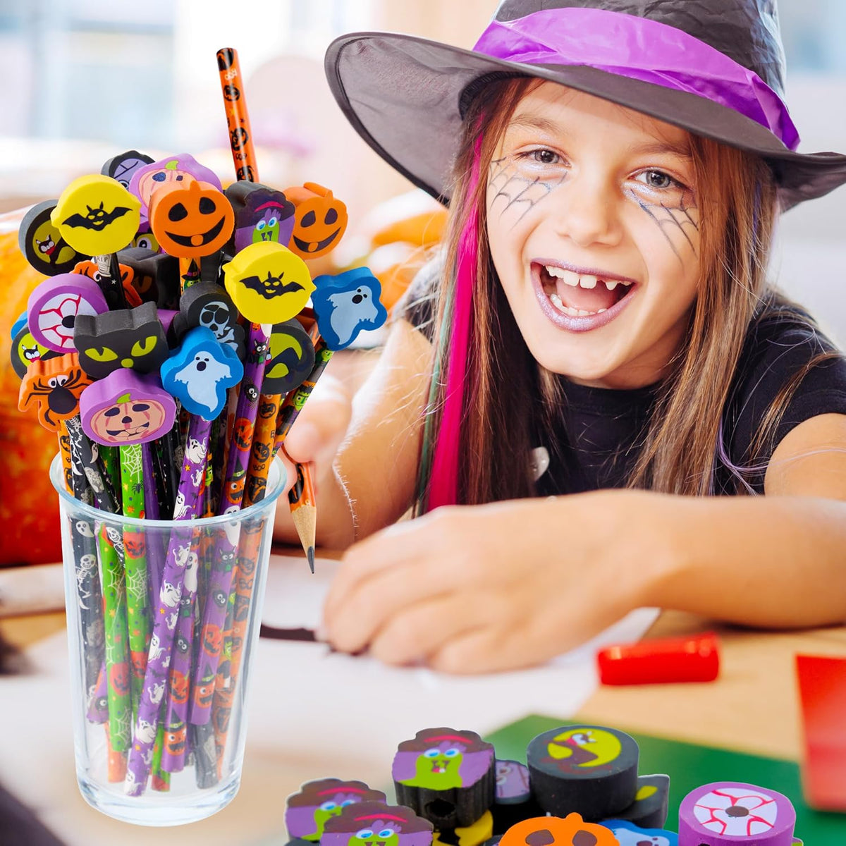 JOYIN 108PCS Halloween Pencils with Erasers Stationery Set, 108 Colorful Pencils in 6 Design, 108 Giant Erasers in 12 Style for Kid Trick or Treat, Halloween Party Favor Supplies, Classroom Prize Gift