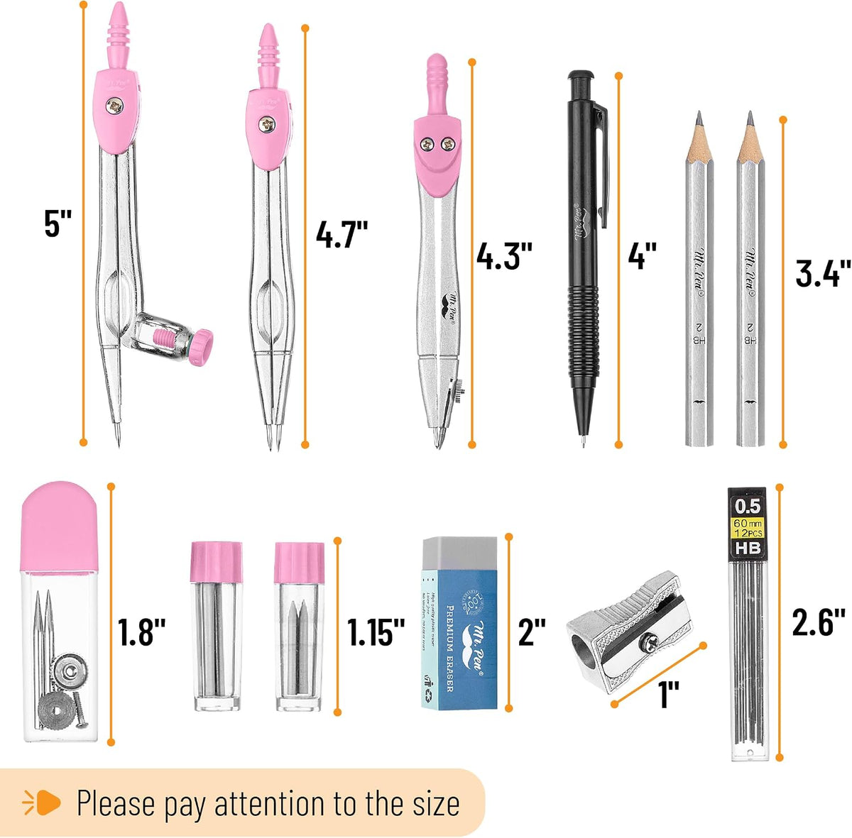 Mr. Pen- Geometry Set, 15 pcs, Pink, 6 Inch Swing Arm Protractor, Divider