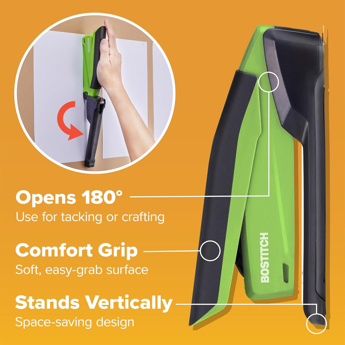 Bostitch Office Executive 3 in 1 Stapler, One Finger, 20 Sheet, Green