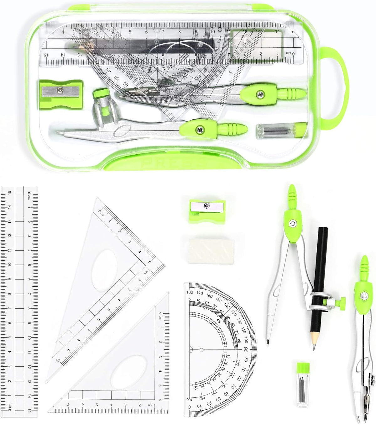 Vobou Math Geometry Sets 10 Pcs, Student Supplies Kit, Compass Set (Green）
