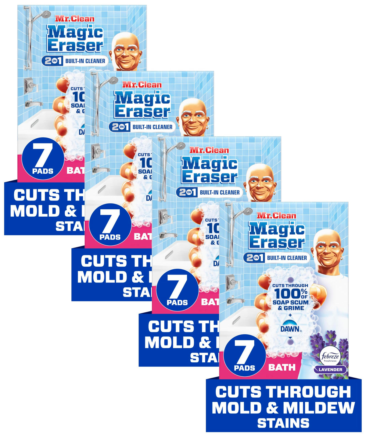 Mr. Clean Magic Eraser Sponge, Bathroom Cleaner, Shower Cleaner, Tub Cleaner, Soap Scum Remover, Bathroom Cleaning Supplies, Dawn Cleaning Power with Febreze Lavender Scent, 2 in 1 Bath, 7ct