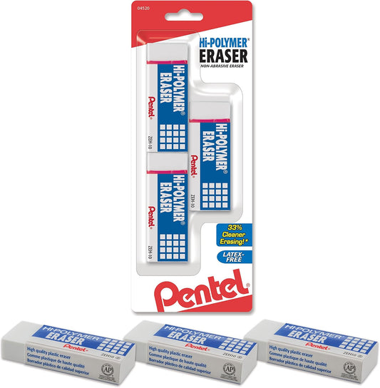 Pentel® Hi-Polymer Block Eraser, Large, White 6 pack (ZEH10BP3P2)