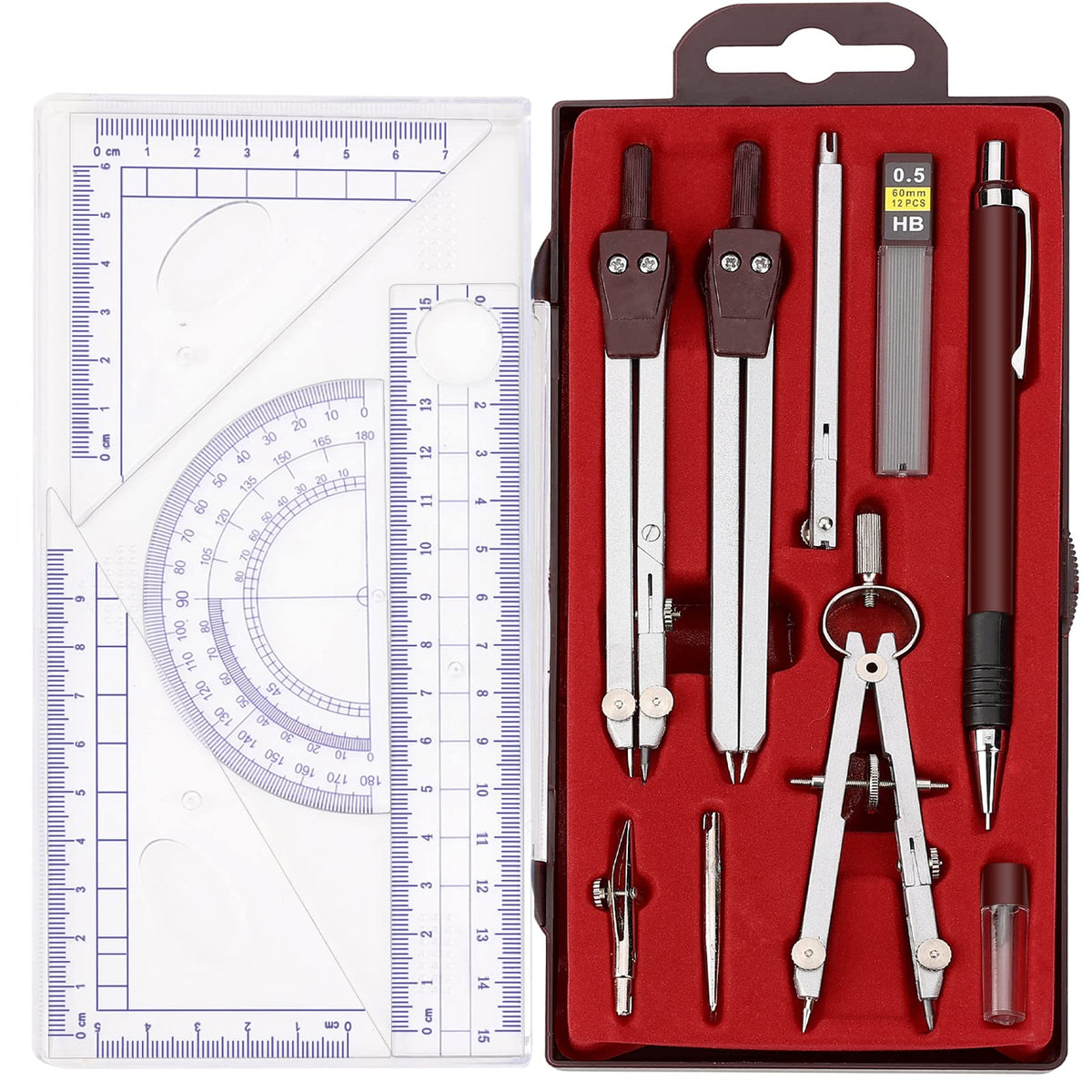 13 Pcs Compass and Protractors Set Math Compass Geometry Tools with Box