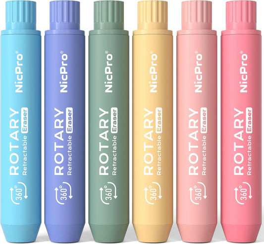 Nicpro 6 Pack Rotary Retractable Erasers, Soft TPE Twist Eraser-Rainbow
