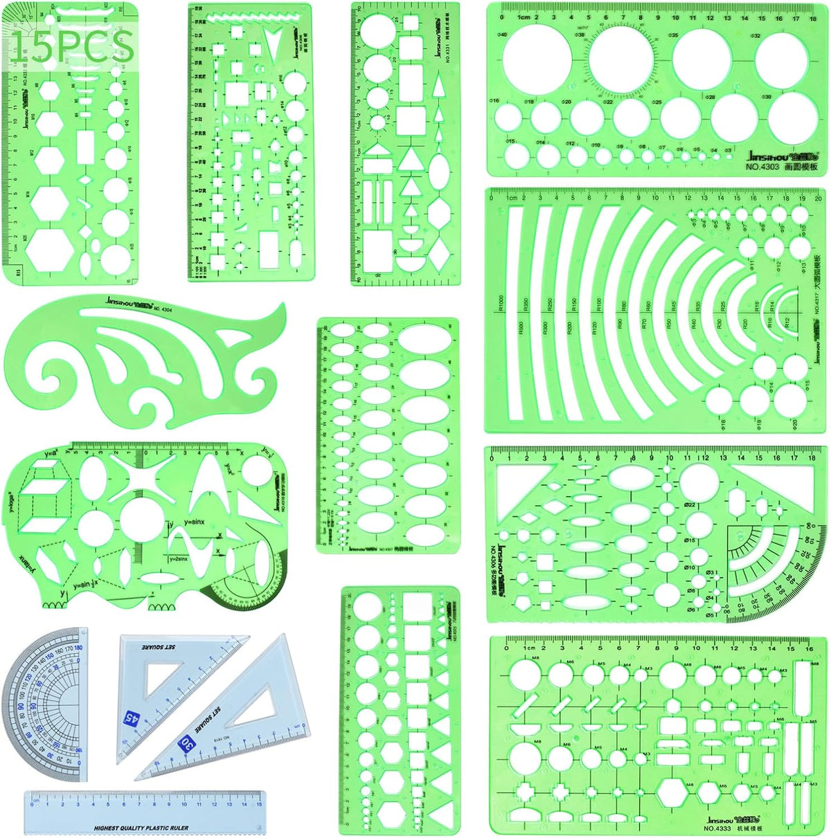 15PCS Geometric Drawings Templates,Transparent Green Plastic Ruler, Drafting Stencils Measuring Tools, Measuring Geometry Rulers for Office, Studying
