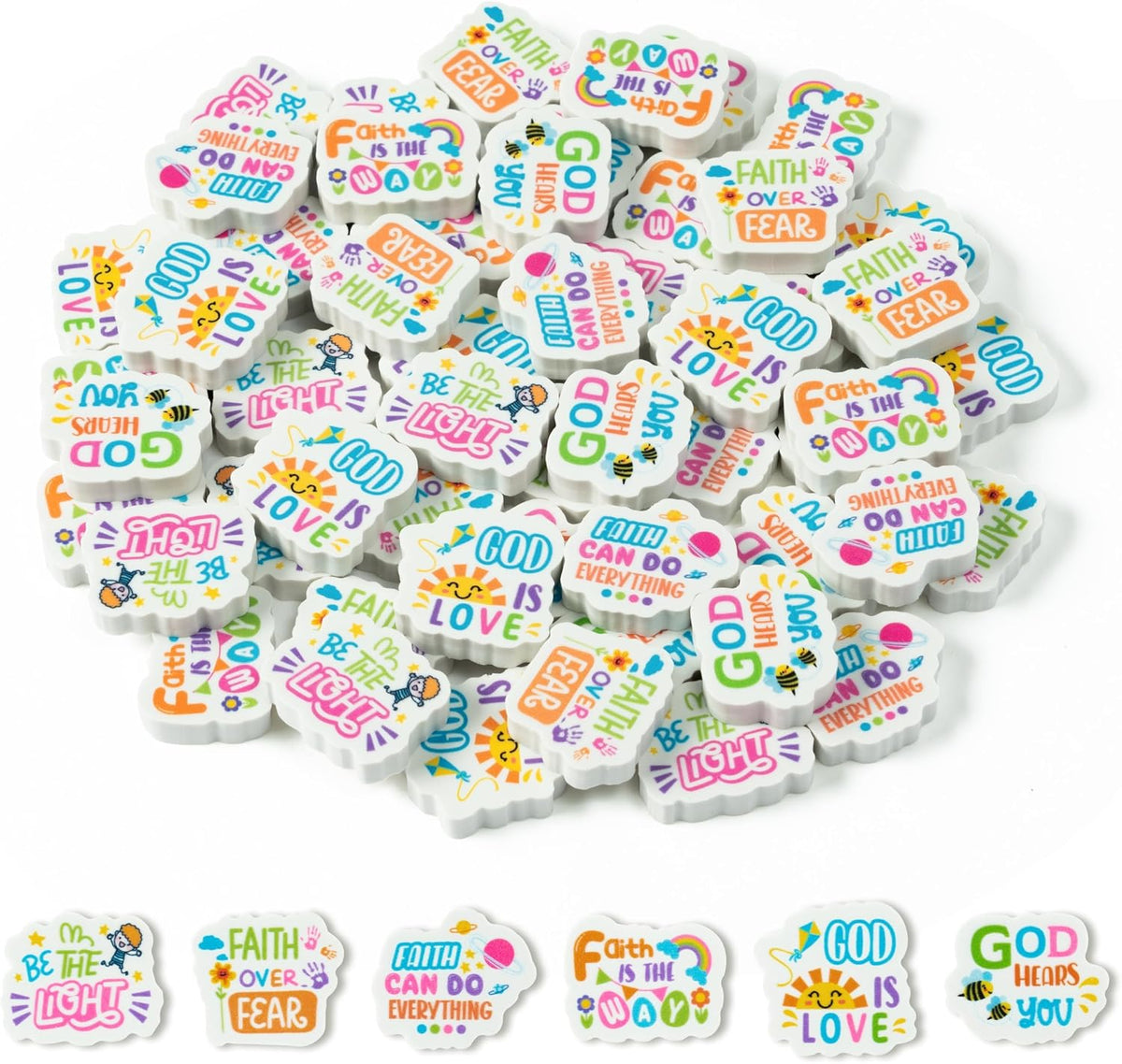 Christian Inspirational Mini Erasers Back to School 60Pcs Inspirational Faith Over Fear Pencil Eraser Colorful God 3D Desk Puzzle Statione Pet for Student Kid Classroom Reward Birthday Supplies