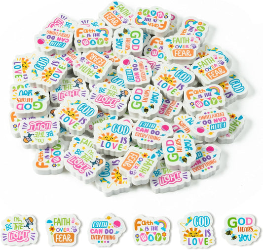 Christian Inspirational Mini Erasers Back to School 60Pcs Inspirational Faith Over Fear Pencil Eraser Colorful God 3D Desk Puzzle Statione Pet for Student Kid Classroom Reward Birthday Supplies