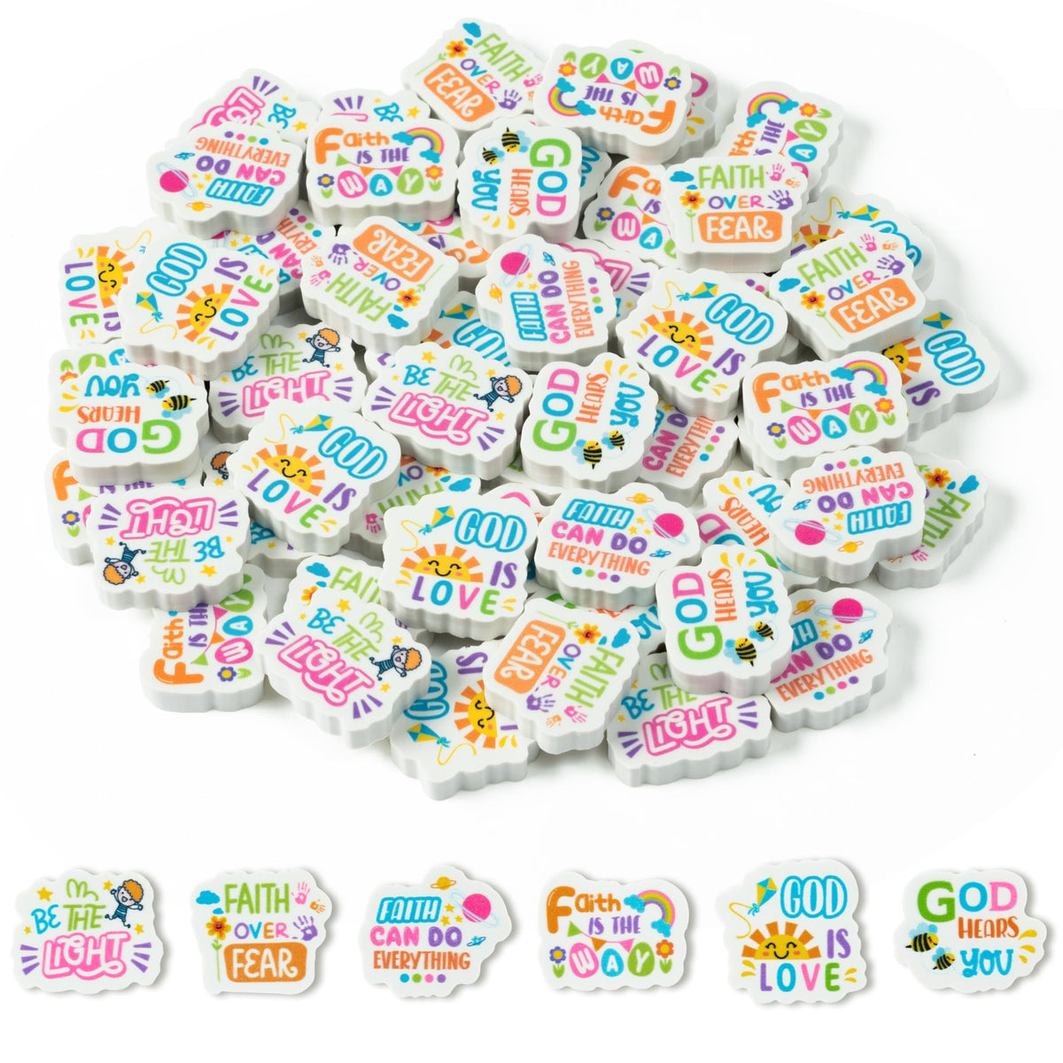 Christian Inspirational Mini Erasers Back to School 60Pcs Inspirational Faith Over Fear Pencil Eraser Colorful God 3D Desk Puzzle Statione Pet for Student Kid Classroom Reward Birthday Supplies