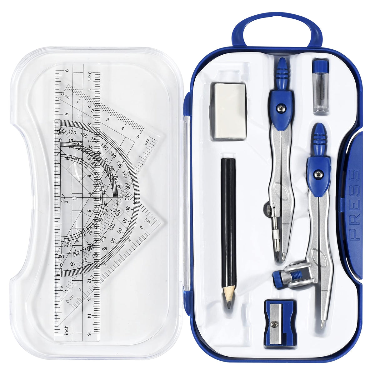 Unjoo Geometry Set 10 Pcs Student Supplies, Protractor and Compass (Blue）