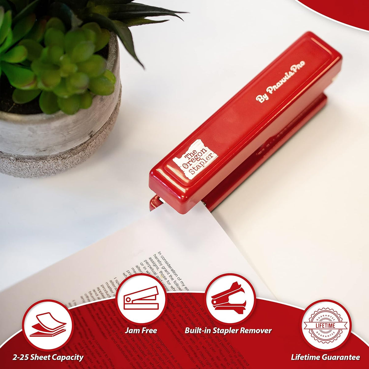 The Oregon Stapler, Built in USA, Built-in Staple Remover, Staples 2 to 25 Sheets, Includes Box of 1,250 "Powerhouse Standard 26/6 Staples, for Home, School or Office, Red