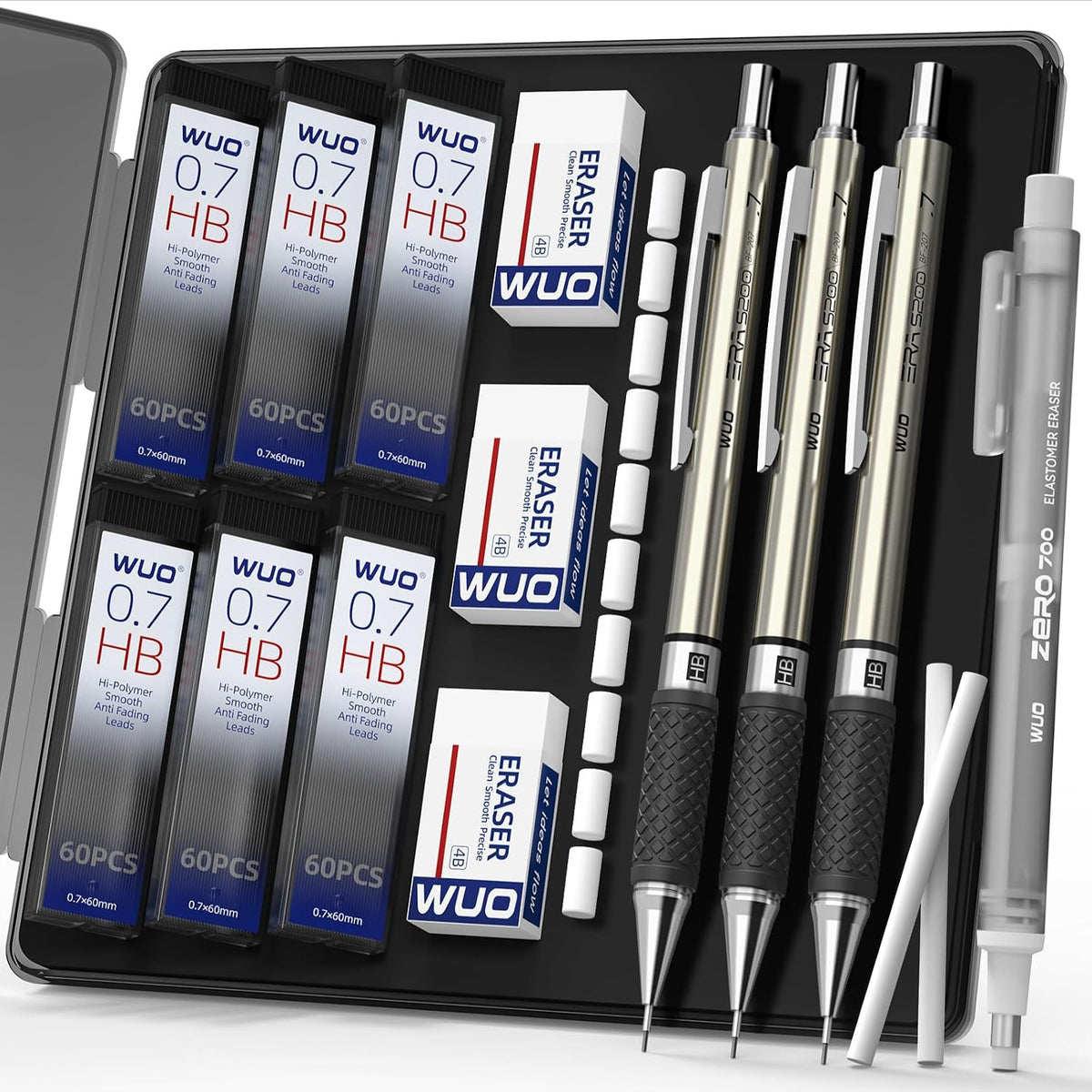 WUO 0.7 mm Mechanical Pencil Set with Eraser Pen Storage Case, 3 PCS