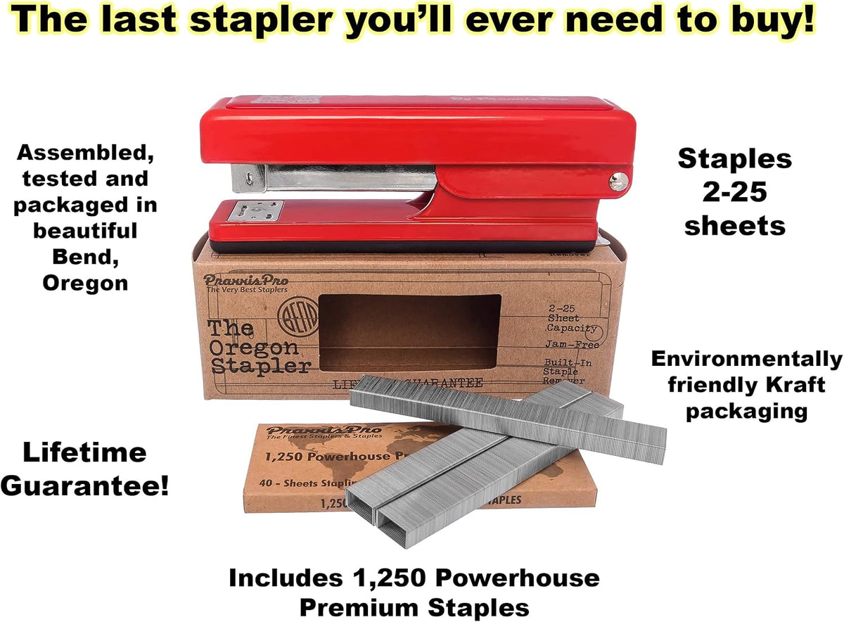 The Oregon Stapler, Built in USA, Built-in Staple Remover, Staples 2 to 25 Sheets, Includes Box of 1,250 "Powerhouse Standard 26/6 Staples, for Home, School or Office, Red