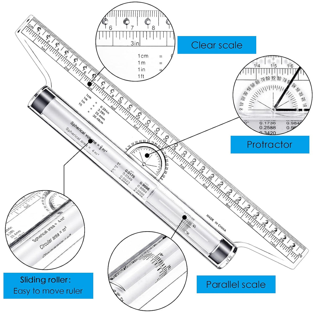 Frienda 2 Pieces Plastic Rolling Ruler Parallel Drafting,6 Inch, 12 Inch