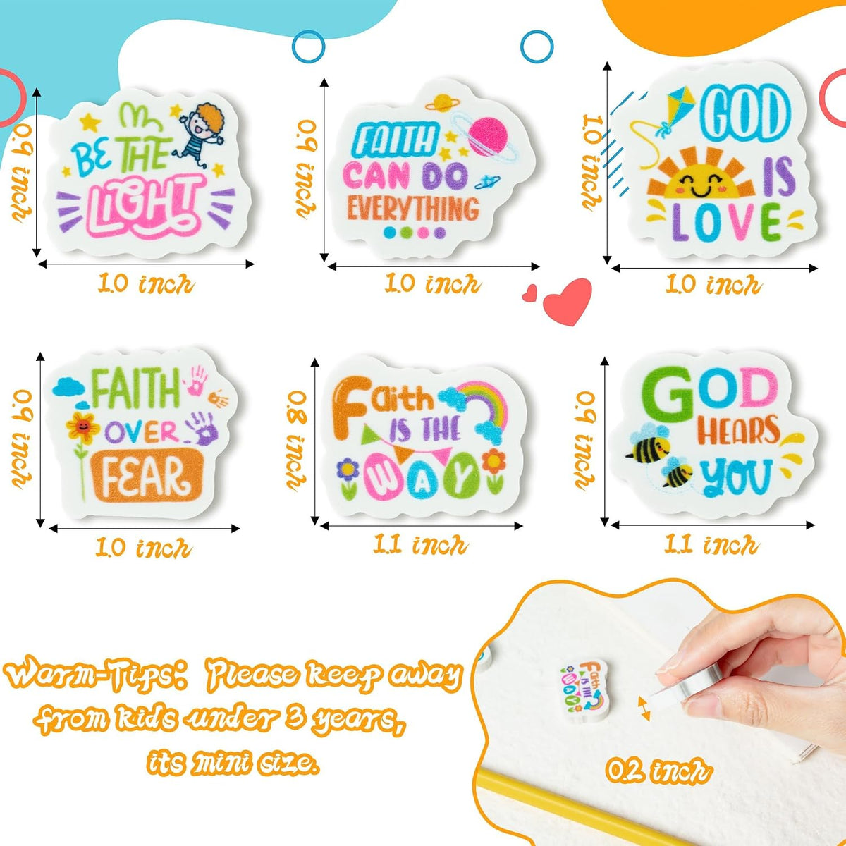 Christian Inspirational Mini Erasers Back to School 60Pcs Inspirational Faith Over Fear Pencil Eraser Colorful God 3D Desk Puzzle Statione Pet for Student Kid Classroom Reward Birthday Supplies