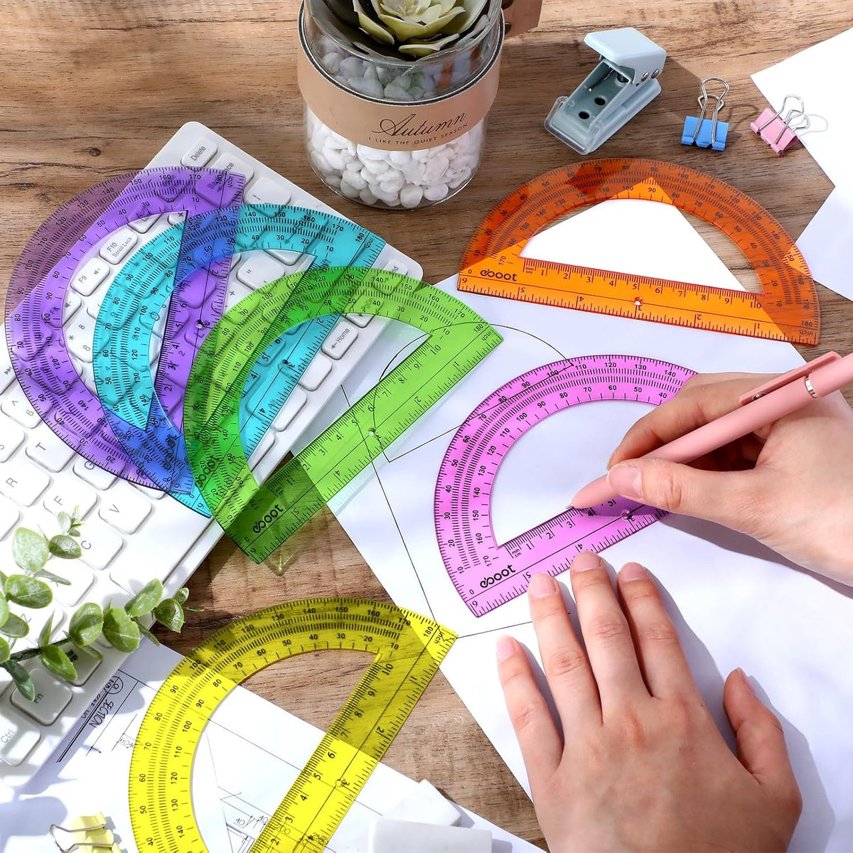EBOOT 24 Pack Plastic Protractors Math Protractor 180 Degrees 6 Inch(Multi Colors)