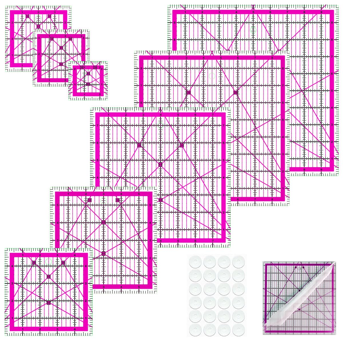 8 Quilting Square Rulers(2.5",3.5",4",5",6",8",9",10")(Red)