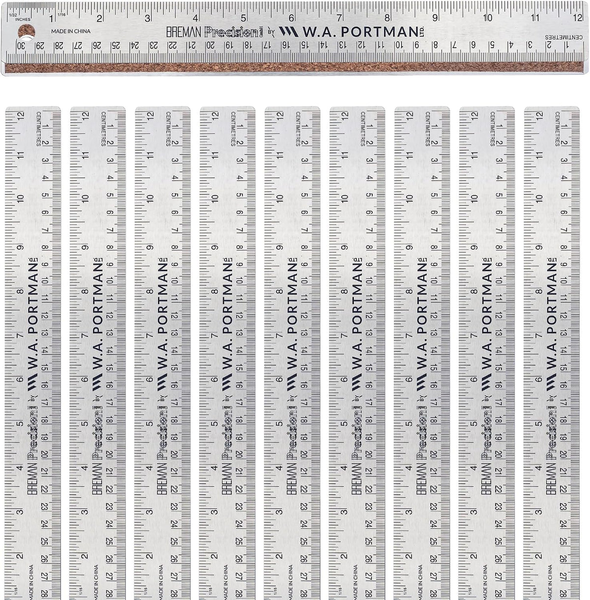 WA Portman Metal Ruler 12'', 10pc Corkback Stainless Steel, Metric Ruler