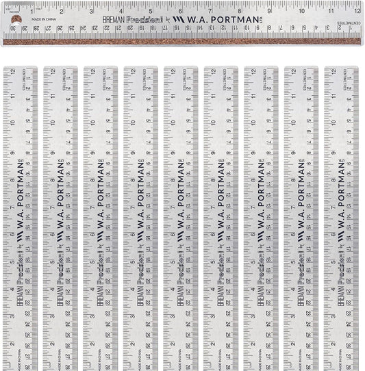 WA Portman Metal Ruler 12'', 10pc Corkback Stainless Steel, Metric Ruler