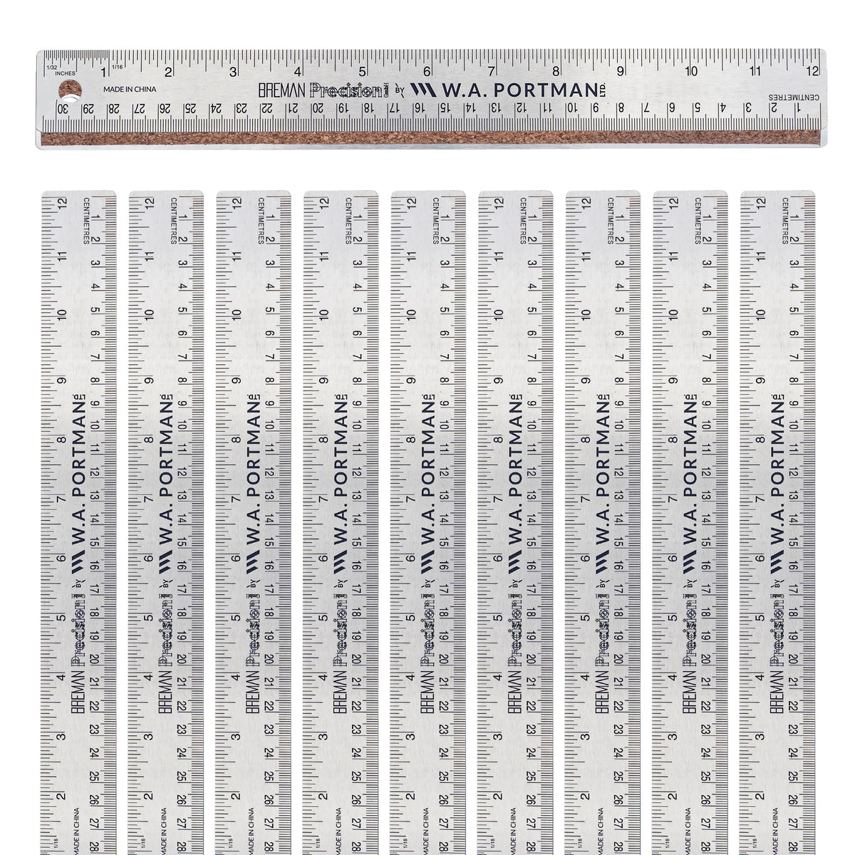 WA Portman Metal Ruler 12'', 10pc Corkback Stainless Steel, Metric Ruler