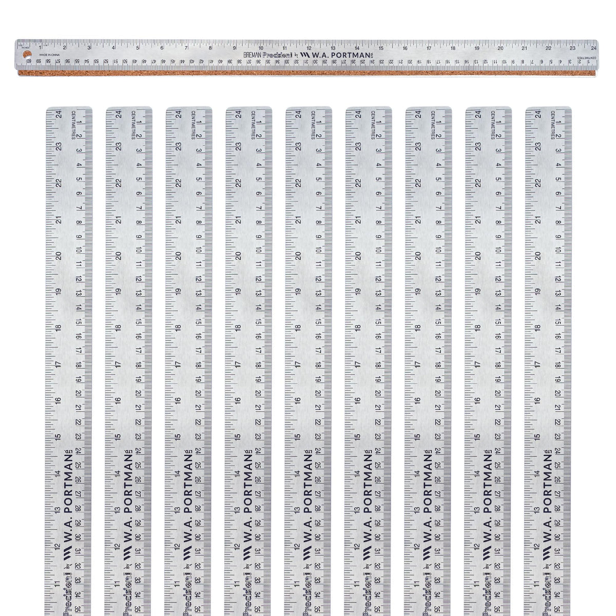 WA Portman Metal Ruler 12'', 10pc Corkback Stainless Steel, Metric Ruler