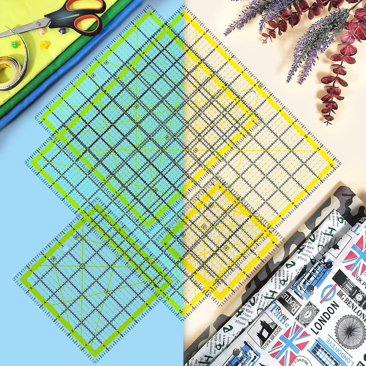 Quilting Rulers, 7 Piece Acrylic Ruler, Fabric Cutting Ruler (12.5"X12.5", 9.5"X9.5", 6"X6", 4.5"X4.5",12"x6.5",9"x3",12"x2"), Sewing & Quilting Templates