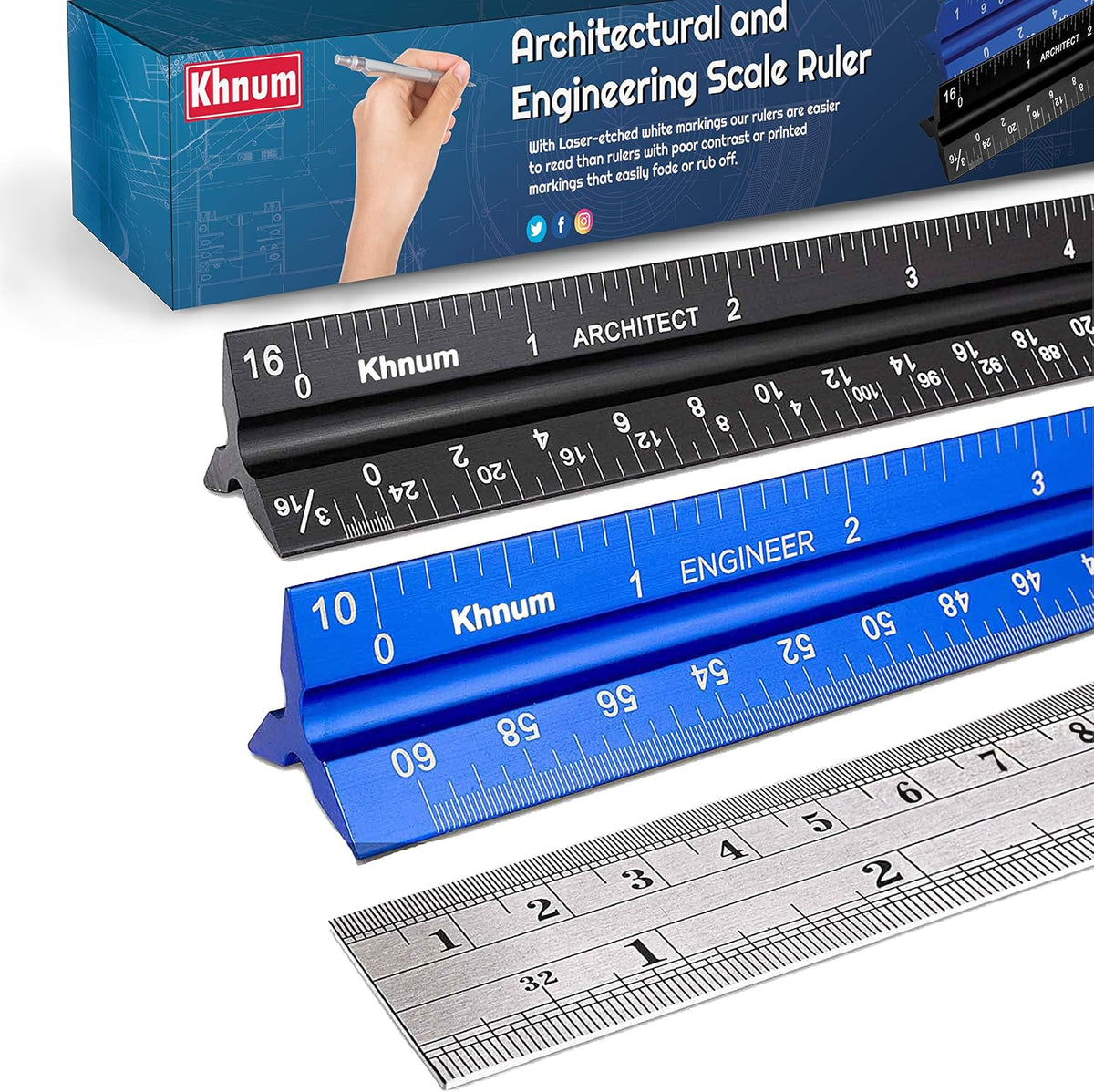 12-Inch Architectural and Engineering Scale Ruler Set (Imperial) | Laser-Etched Aluminum Triangular Drafting Tool | for Architect and Civil Engineer Blueprints | Standard Metal Ruler Included