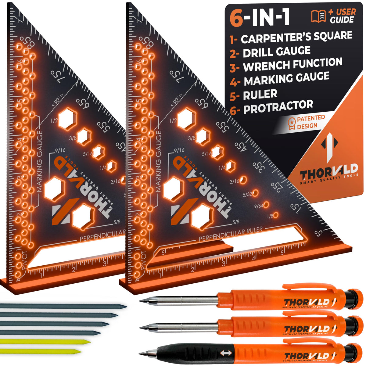 THORVALD 6-in-1 Carpenter Square 7 inch (1/16" Precision) T Square Multi-Purpose Carpenter Tools : Wrench, Square, Protractor, Ruler, Marking Gauge, Drill Gauge, Includes 2-in-1 Carpentry Pencil