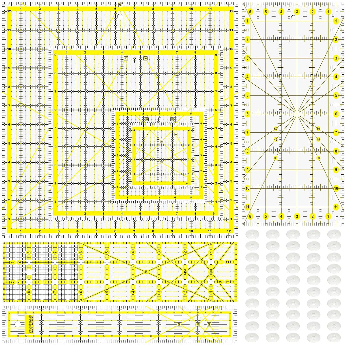 Quilting Rulers, 7 Piece Acrylic Ruler, Fabric Cutting Ruler (12.5"X12.5", 9.5"X9.5", 6"X6", 4.5"X4.5",12"x6.5",9"x3",12"x2"), Sewing & Quilting Templates
