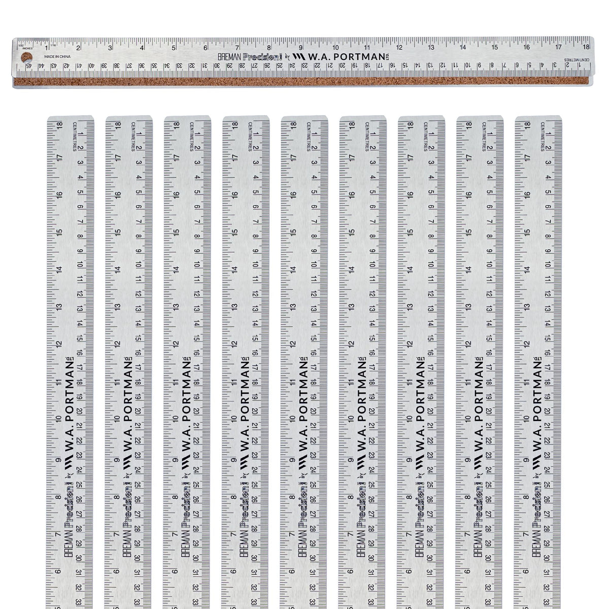 WA Portman Metal Ruler 12'', 10pc Corkback Stainless Steel, Metric Ruler