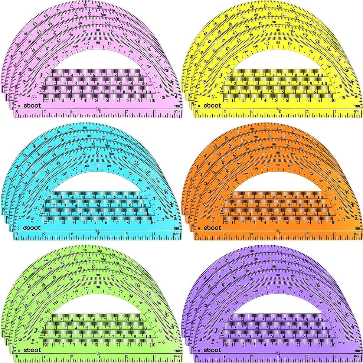 EBOOT 24 Pack Plastic Protractors Math Protractor 180 Degrees 6 Inch(Multi Colors)