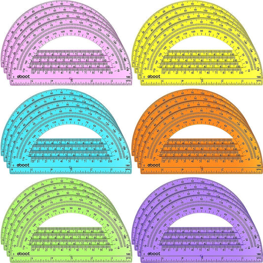 EBOOT 24 Pack Plastic Protractors Math Protractor 180 Degrees 6 Inch(Multi Colors)