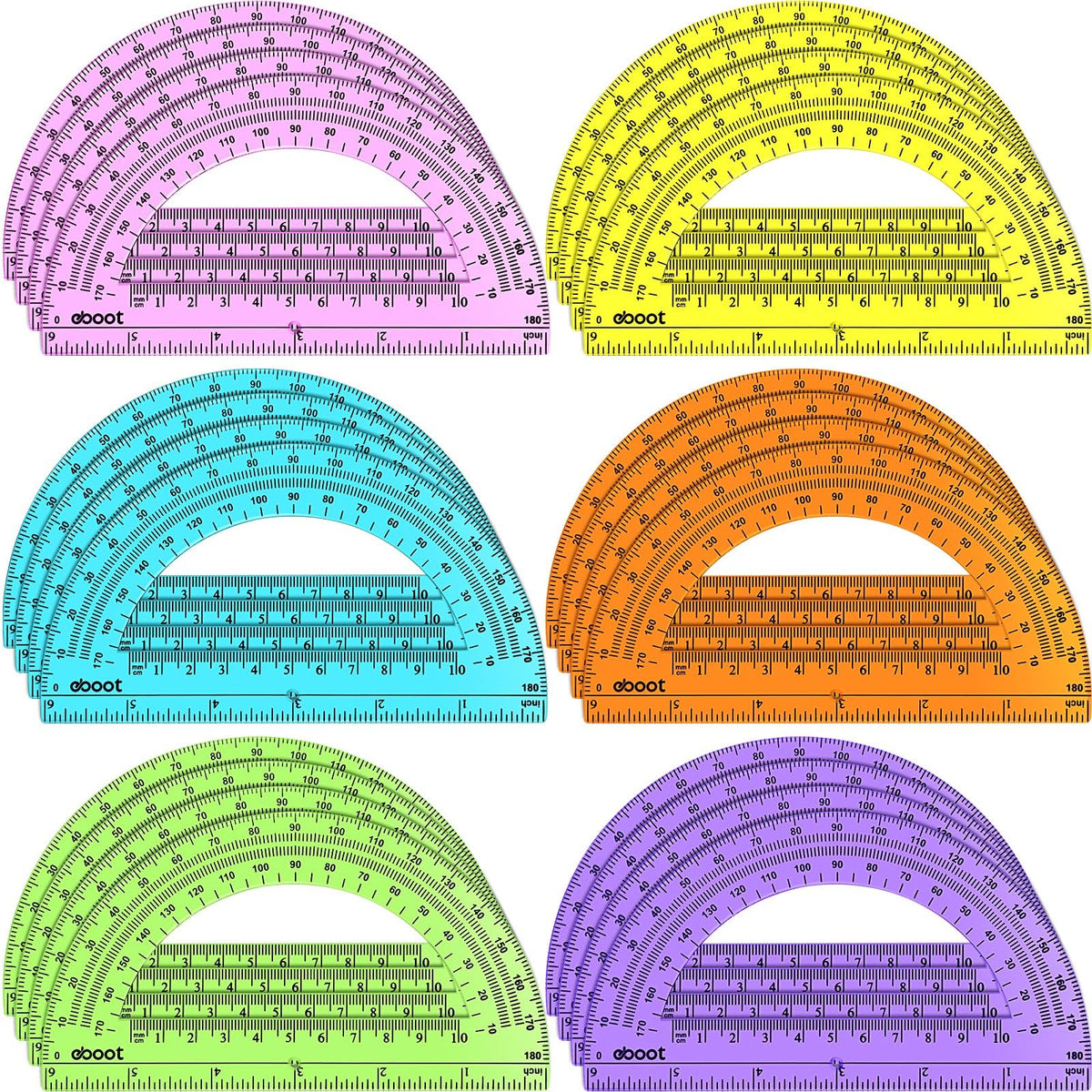 EBOOT 24 Pack Plastic Protractors Math Protractor 180 Degrees 6 Inch(Multi Colors)