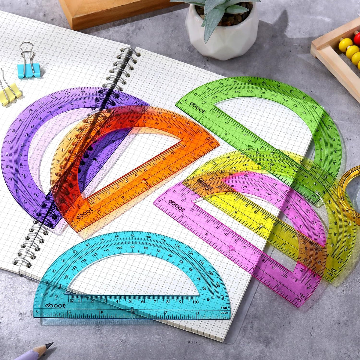 EBOOT 24 Pack Plastic Protractors Math Protractor 180 Degrees 6 Inch(Multi Colors)