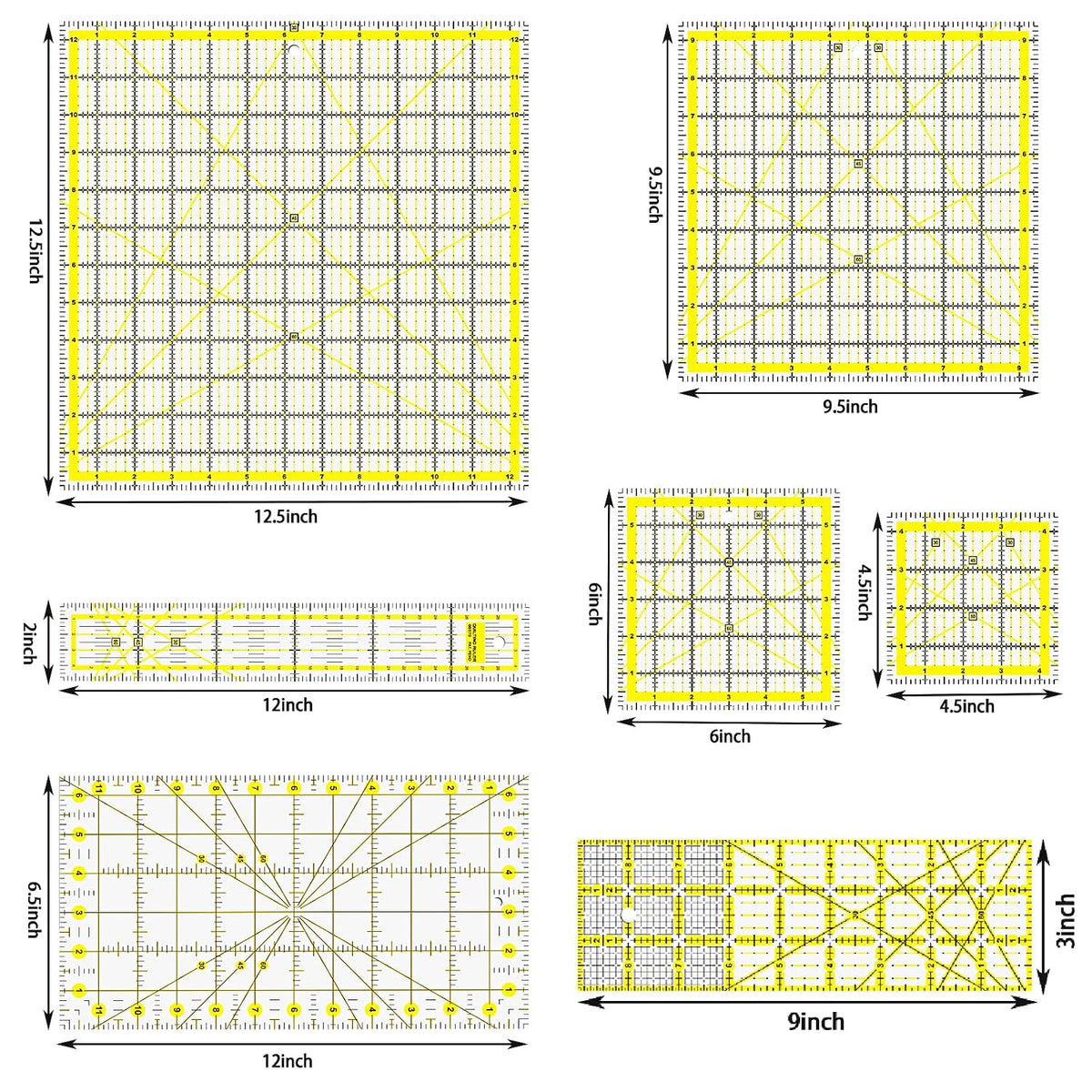 Quilting Rulers, 7 Piece Acrylic Ruler, Fabric Cutting Ruler (12.5"X12.5", 9.5"X9.5", 6"X6", 4.5"X4.5",12"x6.5",9"x3",12"x2"), Sewing & Quilting Templates