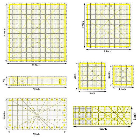Quilting Rulers, 7 Piece Acrylic Ruler, Fabric Cutting Ruler (12.5"X12.5", 9.5"X9.5", 6"X6", 4.5"X4.5",12"x6.5",9"x3",12"x2"), Sewing & Quilting Templates