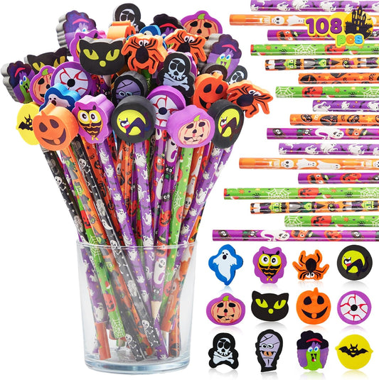 JOYIN 108PCS Halloween Pencils with Erasers Stationery Set, 108 Colorful Pencils in 6 Design, 108 Giant Erasers in 12 Style for Kid Trick or Treat, Halloween Party Favor Supplies, Classroom Prize Gift