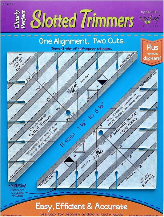 New Leaf Stitches Clearly Perfect Slotted Trimmer — Acrylic Quilting Ruler for Half Square Triangles & HST Cutting — Slotted Quilting Ruler for Strip Piecing, Block Construction & Accurate Trimming