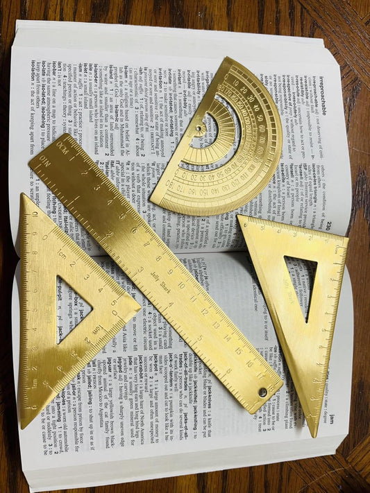 Golden Brass Ruler Stationery Set, (Durable Isosceles - Right Triangular Ruler1, Solid Ruler 18cm Scale1, Right Triangular Ruler1, Solid Protractor1)